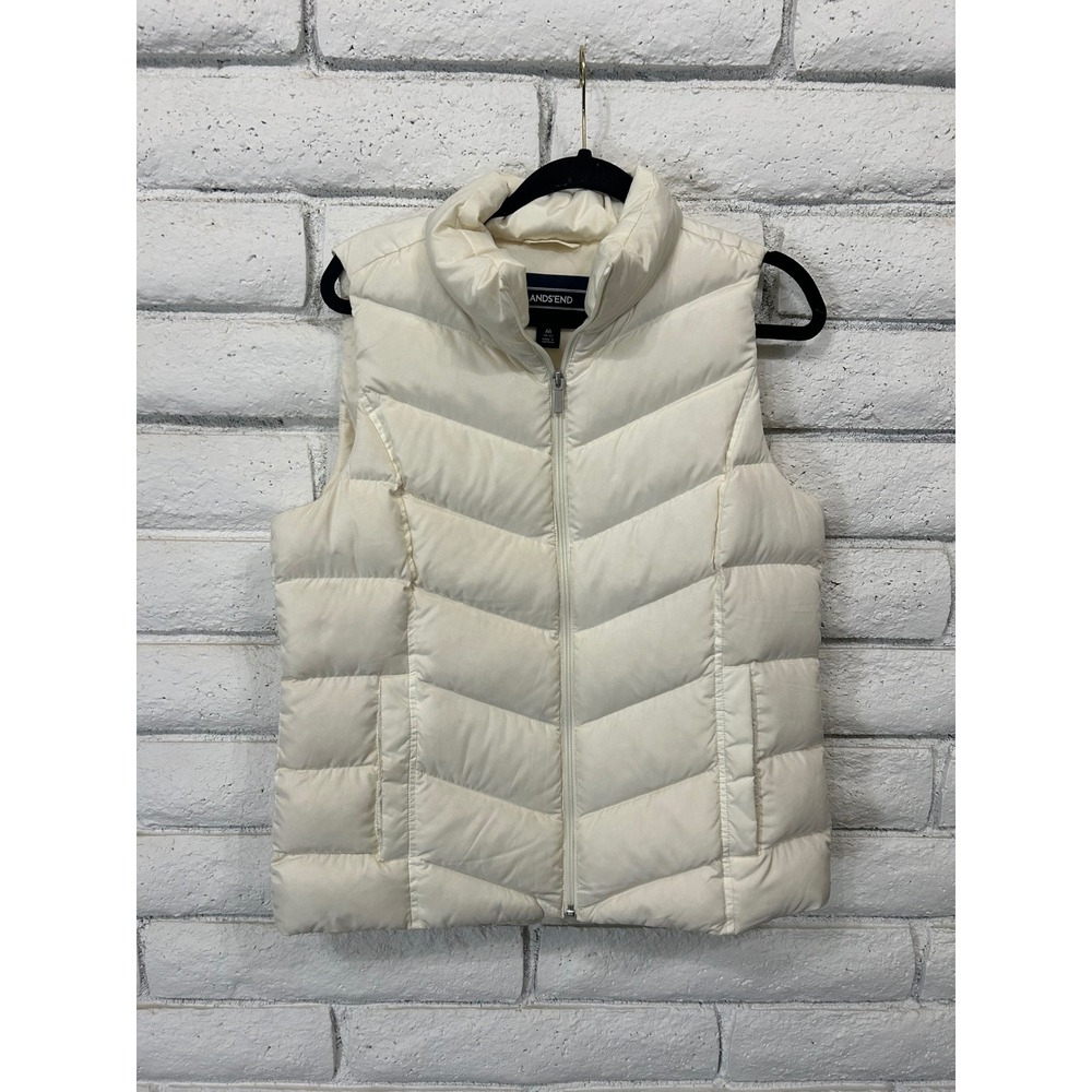 Lands End Womens Cream White Down Puffer Vest Chevron Quilted Medium 10-12